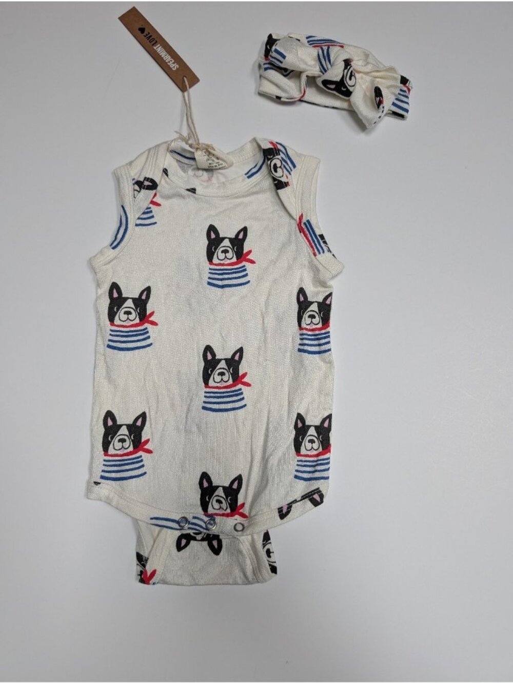SpearmintLOVE French Bulldog Sleeveless Bodysuit Bow Headband Set 3-6 Baby Rompe